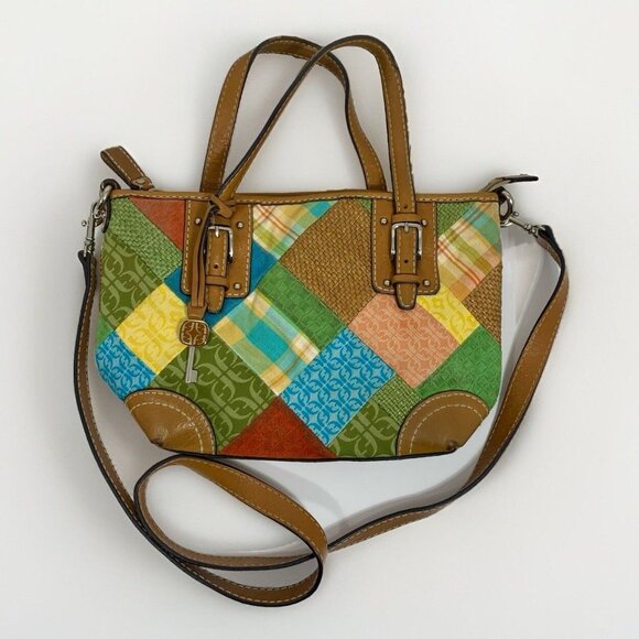FOSSIL Key Fob Multicolor Argyle Patchwork Leather Canvas Shoulder Handbag Xbody - Picture 1 of 12